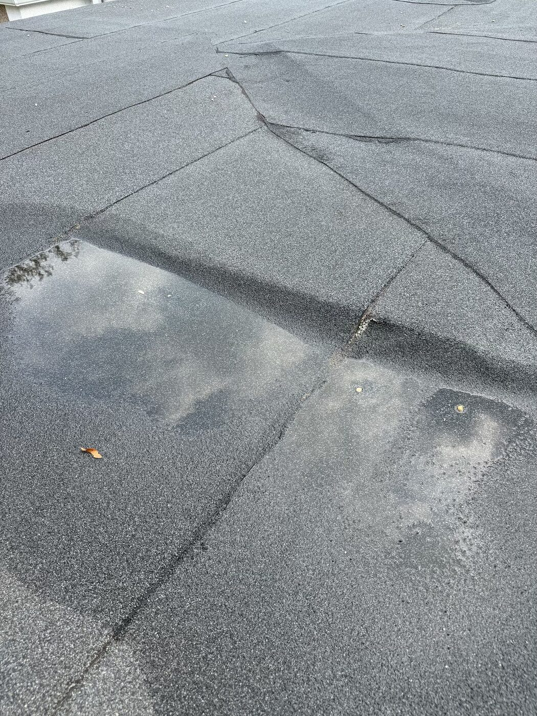 A close view of granular loss and weathering in the existing roof membrane.